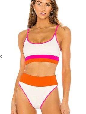 Beach Riot White Bikini Top with Pink & Orange Trim